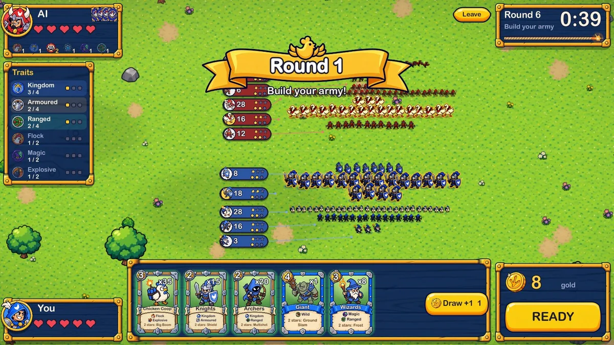 The planning screen with the shop of cards at the bottom and both armies on the meadow