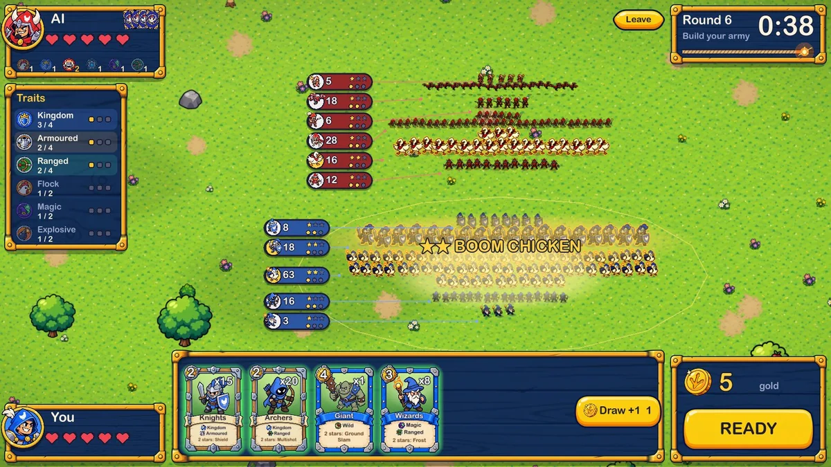 A row of Boom Chickens glowing gold as it becomes a 2-star row